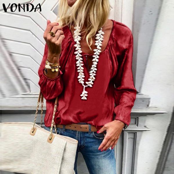 

vonda women bohemian blouse 2019 autumn ladies shirt long sleeve round neck spring casual loose solid blusas plus size s-5xl, White