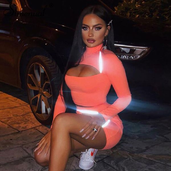 

simenual sporty reflective striped matching set women cut out fashion fitness 2 piece outfit long sleeve crop and skirt sets, White