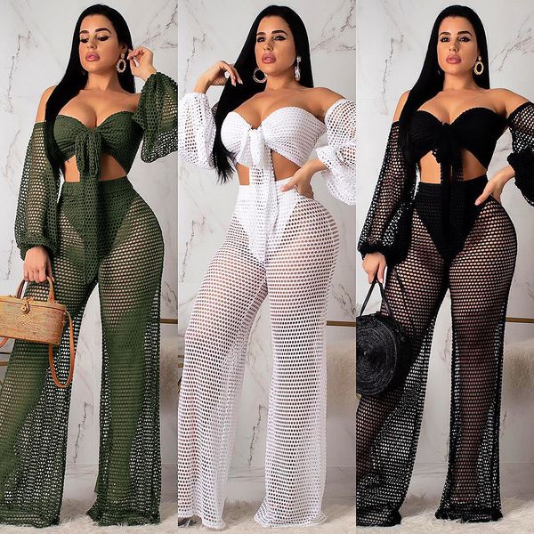 

solid hollow out 2 piece set women slash neck long sleeve crop and high waist straight pants 2019 party club wear s3509, White