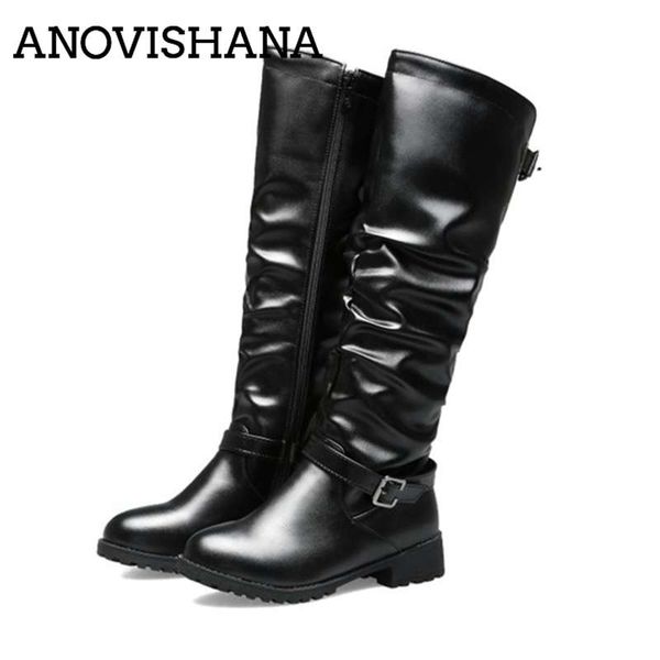 

anovishana women's winter shoes autumn mid-calf women boots flats heels patent leather riding boots pleated knee high, Black
