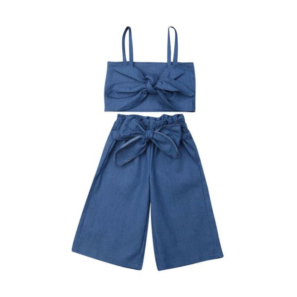 

1-6t toddler kids baby girl clothes set sleevelss bowknot crop and pants suit elegant plain fashion outfits streetwear set, White