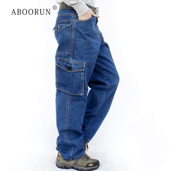 

aboorun multi pockets men jeans baggy straight cotton denim pants casual skateboard overalls jeans male r1878, Blue