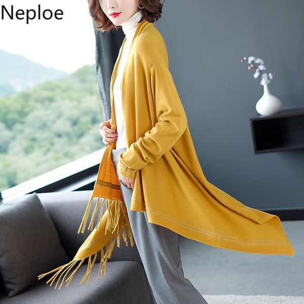 

neploe autumn winter loose plus size tassel knit women sweater korean v neck cloak open stitch wild solid cardigans 2019 45815, Black
