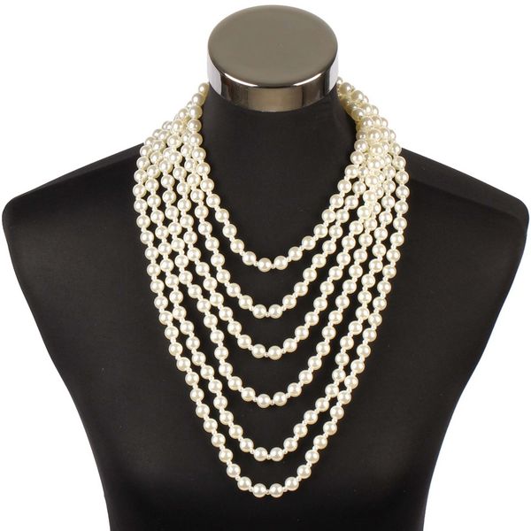

florosy bib multi layers imitation pearl pendant chain necklace for women gold color metal bead ball party trendy female jewelry, Silver