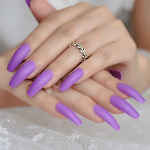 

grape purple long fake nail full cover coffin matte salon press on nails diy soild color daily finger nail tips, Red;gold