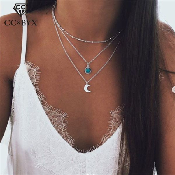 

cc stainless steel necklaces three layer design pendants for women vintage moon shape green stone minimalism party jewelry yh12, Silver
