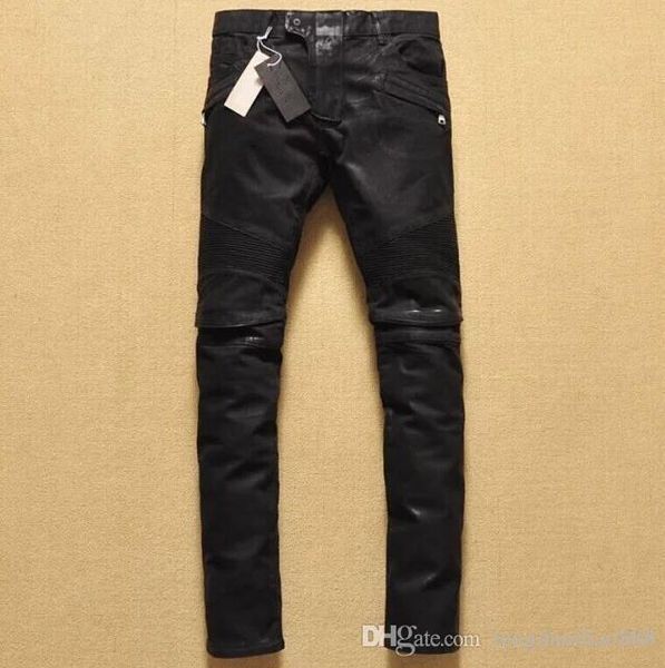 

19ss горячие мужчины черные джинсы для мужчин knee складка покрытие воском локомотивных джинсы брюки мотоцикл брюки повседневные брюки джинс, Blue