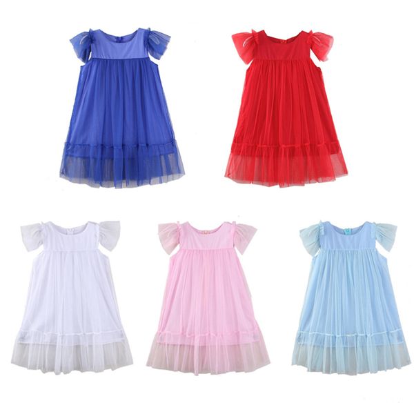 

baby girl dresses summer flying sleeve cotton mesh patchwork ruffle princess prom dress kids designer clothes girls party beach dresses, Red;yellow