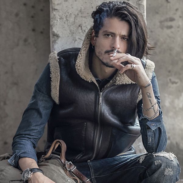 

genuine leather vest men sheepskin sleeveless jacket mens real leather fur coat outerwear vests fashion coldproof shearling, Black