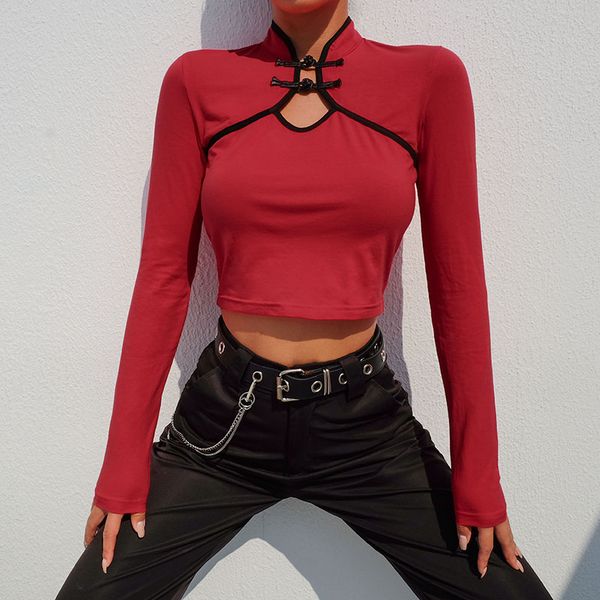 

padegao cut out tee shirt streetwear autumn 2020 long sleeve female chinese style slim crop basic t shirt pdg323, White