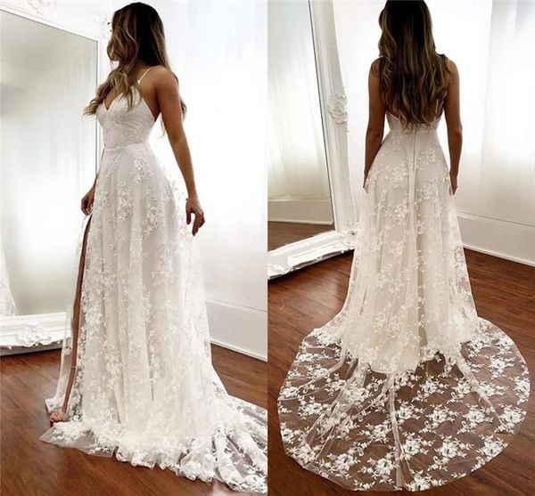 

2020 charming lace a line wedding dresses spaghetti appliques bridal dress sweep train backless customize garden wedding dress, White