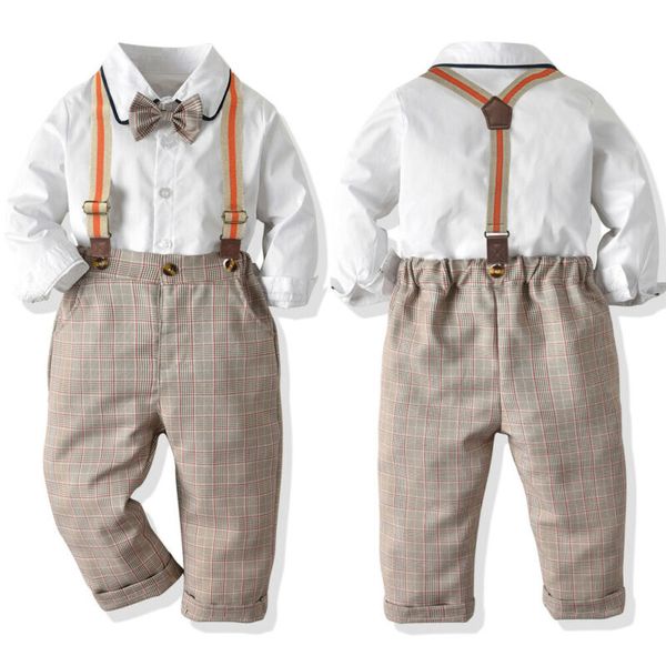 

2pcs 2-9y autumn kids baby boys gentleman formal outfits shirt bib pants plaid overalls toddler boy clothes set, White