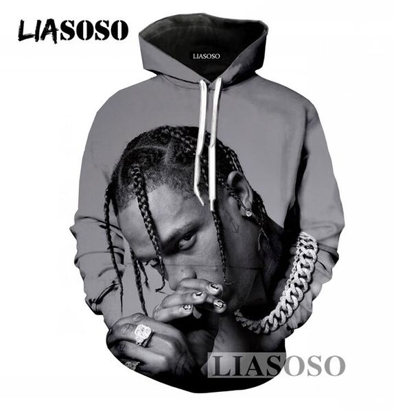 

liasoso popular rapper travis scott hoodies cool men women 3d print pullover hoody tracksuit hooded casual sweatshirt, Black