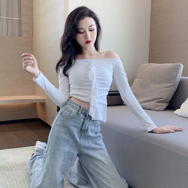 

sexy -плеча футболку 2020 ранняя осень с длинными рукавами тонкий нерегулярное сборки конструкция талии короткие рубашки женщин, White