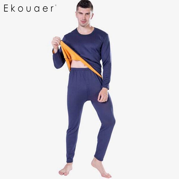 

ekouaer thermal underwear set mens long johns autumn winter shirt pants two piece thicken velvet pajamas set warm size xl-xxxl, Black;white