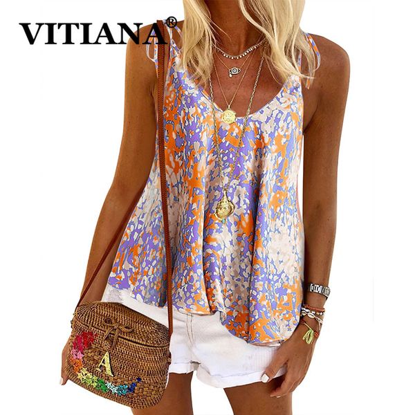 

vitiana women casual beach camis summer 2020 female sleeveless blue lace up print tshirts femme streetwear floral, White
