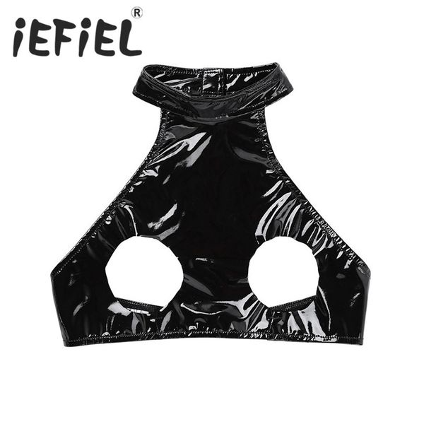 

iefiel women fashion wet look faux leather sleeveless halter neck backless open bust clubwear party nightwear crop tank top, White