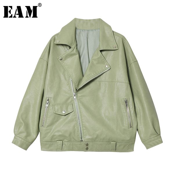 

eam] loose fit green pu leather big size pocket jacket new lapel long sleeve women coat fashion tide autumn winter 2019 1a147, Black;brown