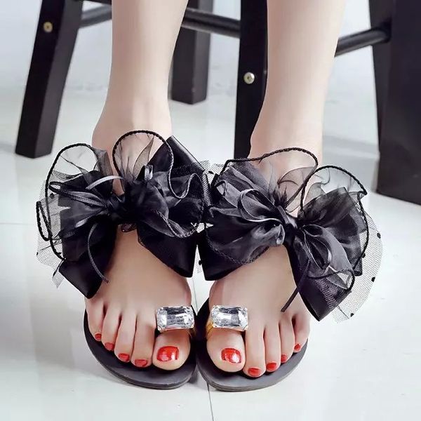 

2019 new summer new fashion rivet bow flat flip flops women wear cool slippers casual flower slipper woman sandal, Black