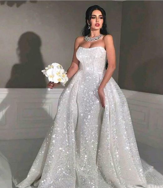

Glitter mermaid arabic wedding dresses with detachable train Sweetheart Full Sequins Plus Size Overskirt Country Bridal Gowns