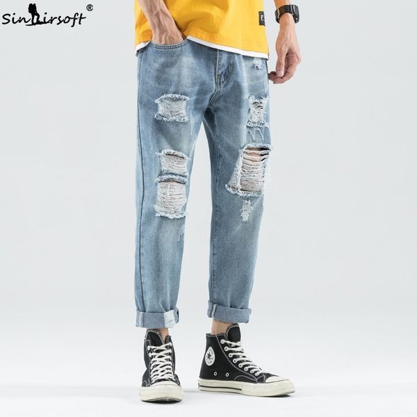 

34 36 summer thin section jeans new men's summer hole denim cropped jeans men's cotton denim shorts casual sinairsoft, Blue