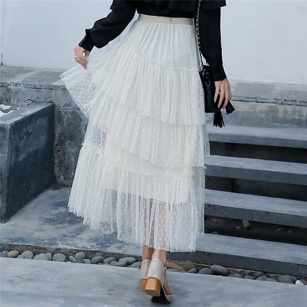 

women's tulle mesh tutu skirt summer high waist polka dot leopard printed casual cake layered skirts fashion solid color skirt, Black