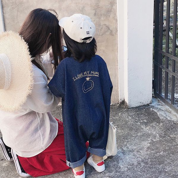 

2020 children spring denim jumpsuit baby long sleeve alphabet crawling suit thick, Blue