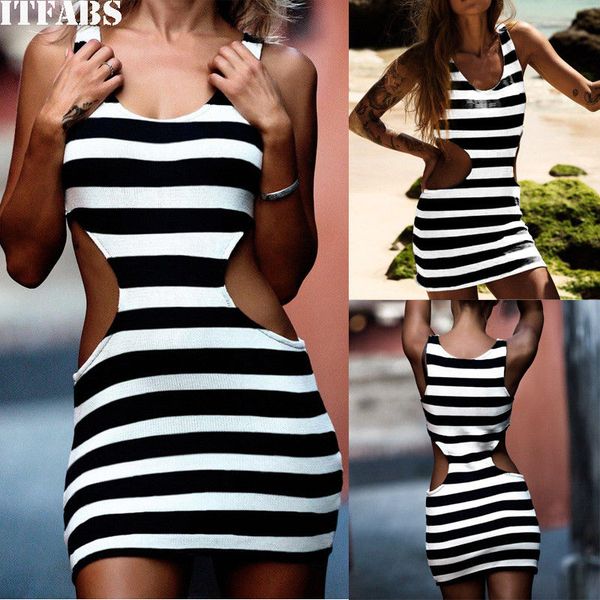 

casual dresses summer women waist hollow short dress cotton black white striped mini party vestidos plus size xl, Black;gray