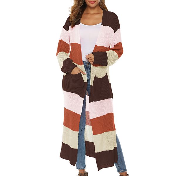 

femal autumn knitted coat long loose sweater round neck plus size rainbow striped cardigan sweater long sleeve cardigan, White;black