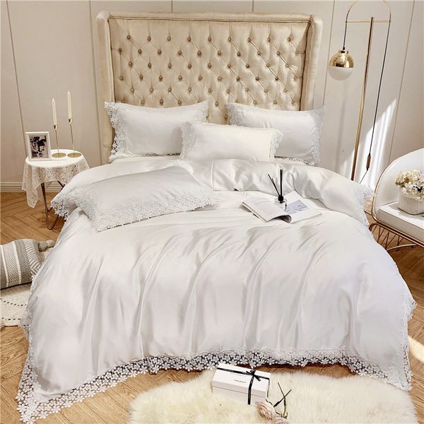 Chic Floral White Lace Summer Tencel Silk Bedding Set Lightweight