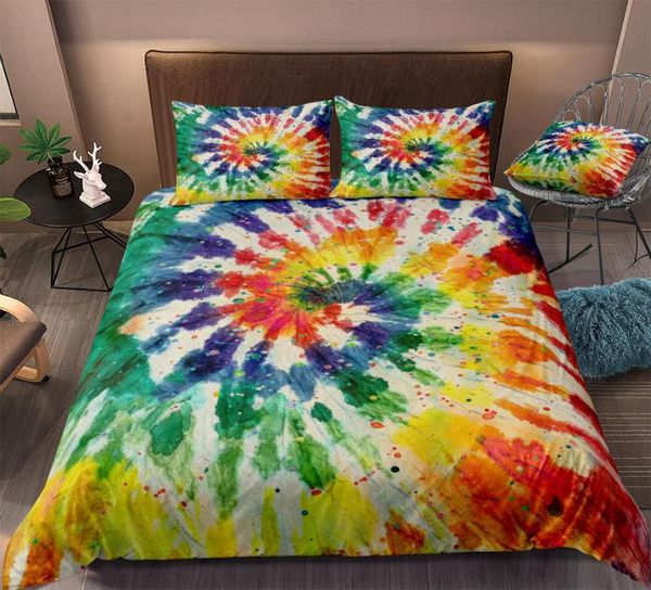 

watercolor tie dyed duvet cover set rainbow tie dyed bedding red green yellow quilt cover hippie boho  bed set dropship