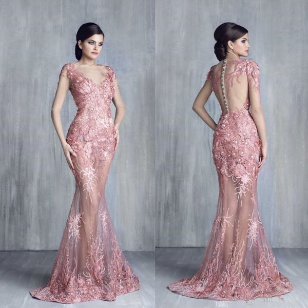 

2019 new tony chaaya scoop neck evening dresses short sleeve lace applique beads party formal gowns mermaid floor length prom dress, Black;red