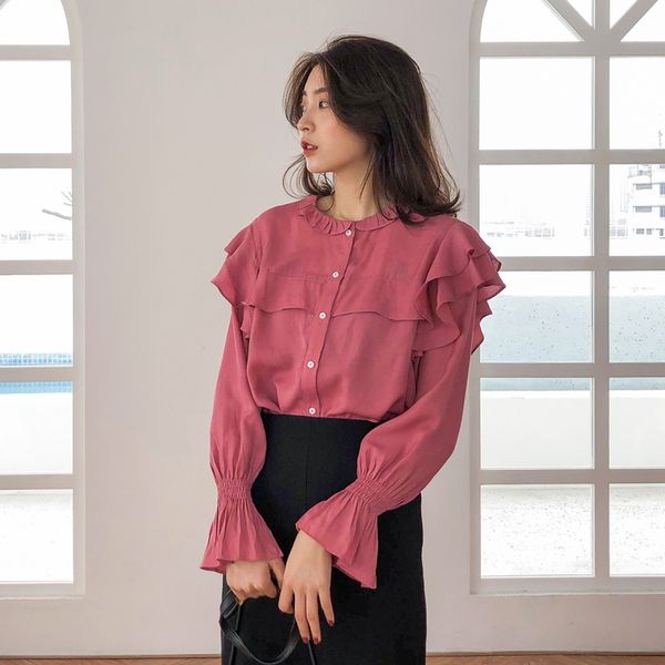 

chiffon blouse women's spring loose ruffle panel round neck with all kinds of foreign style blouses, White