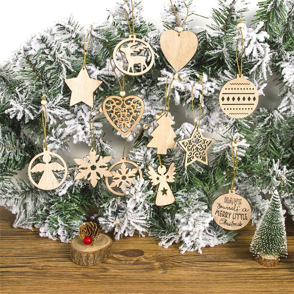 

12pcs wooden angel snowflake christmas pendants craft christmas tree decoration for home 2020 happy new year ornaments