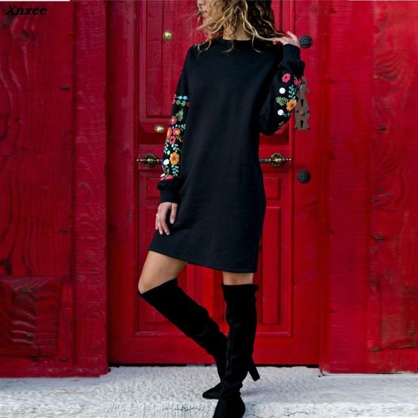 

winter floral print dress 2020 women elegant black long sleeve dress o-neck loose warm streetwear vestids xnxee