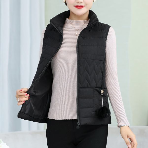 

middle-aged autumn winter lightweight down vest women turn down collar thicker warm waistcoat female sleeveless coat plus size, Black;white