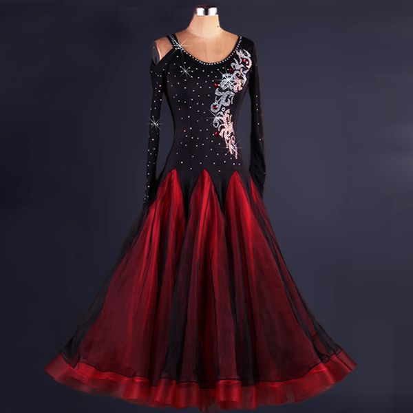 

ballroom dance costumes senior diamond spandex long sleeves ballroom dance dress for women competition dresses, Black;red