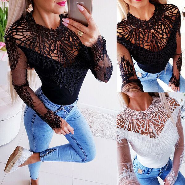 

hirigin lady tee women long sleeve t shirt hollow out lace flowers lace slim t-shirt new summer autumn basic female clothes, White