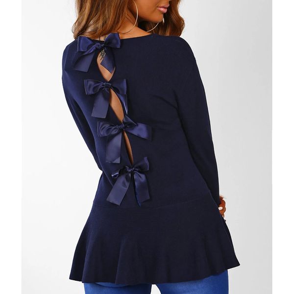 

elegant slim blouses women 2018 bow ties ladies blouses and long-sleeved autumn ruffled hem o neck female shirt sj1243r, White