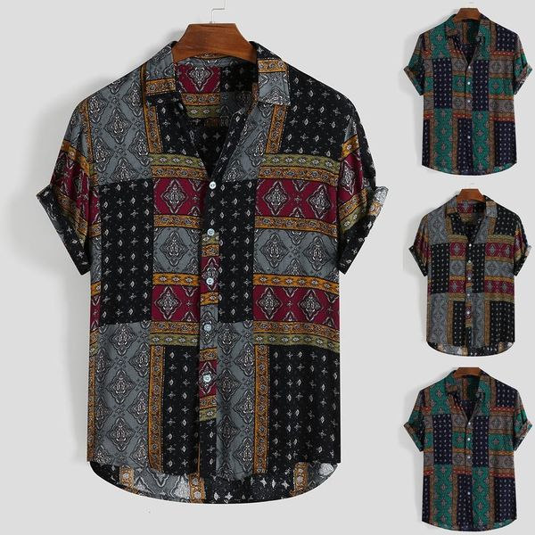 

2019 casual printed short sleeve hawaii shirt mens ethnic style summer short sleeve loose buttons casual shirt blouse -3xl, White;black