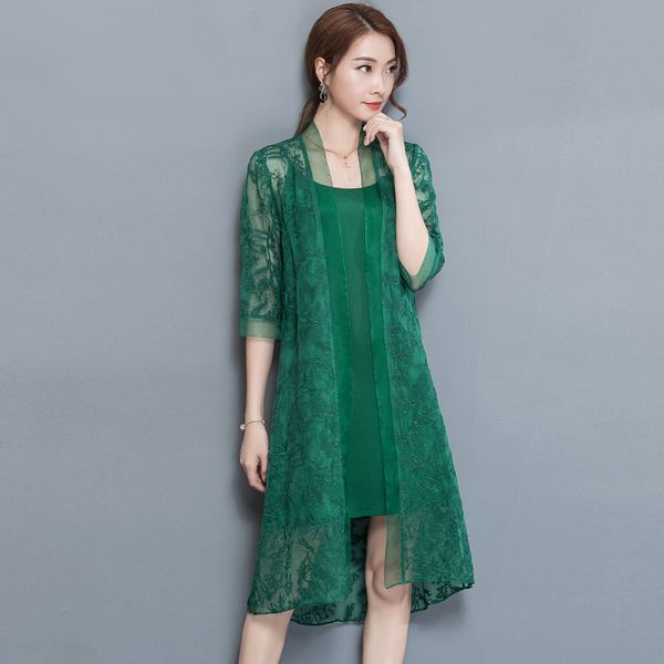 

new summer chinese style silk faux embroidery dress ladies fashion two-piece set dress plus size elegant female vestidos -3xl, Black;gray