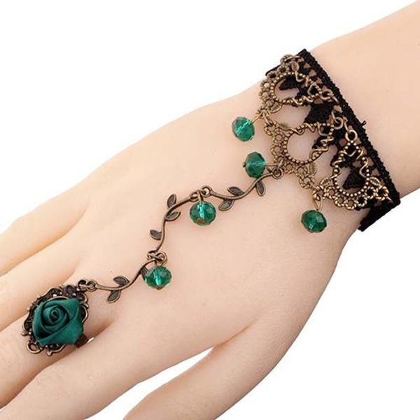 

women vintage lace flower hand harness bracelet slave chain link finger, Black