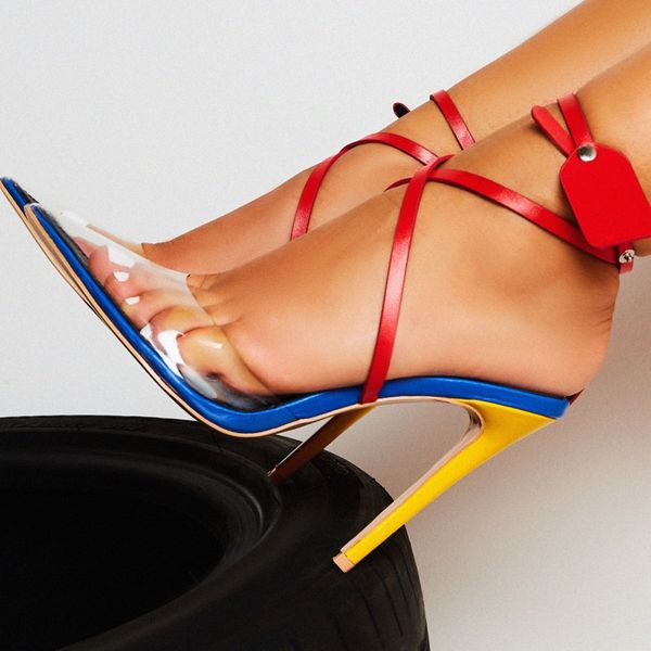 

plus size 35-41 mix color pvc transparent pumsp sandals cross-tie thin high heels pointy toe women nightclub party pumps shoes, Black