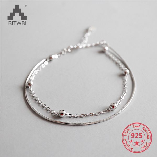 

s925 стерлингового серебра характер минималистский бисера змея bone chain двойной женский браслет, Golden;silver