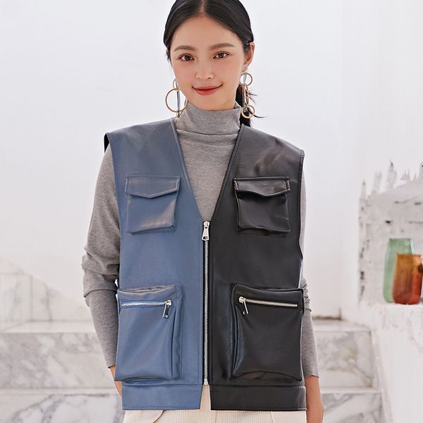 

new designer pu leather jacket women v neck sleeveless zipper patchwork vest coat female fashion slim leather coat, Black