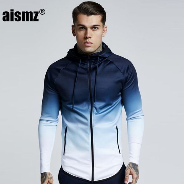 

aismz men jacket fashion gradient color thin hooded sweatshirt mens slim zipper cardigan brand outerwear hoodies streetwear top, Black;brown