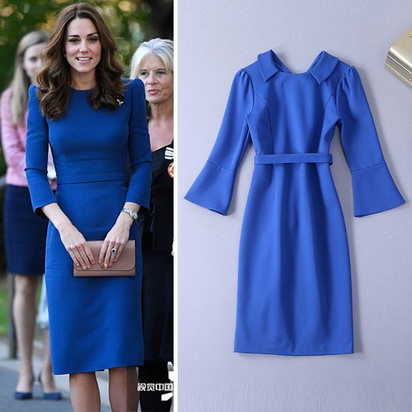 

european station 2019 spring new blue dresses princess kate middleton fashionable medium-length skirt of celebrity elegant dress, Black;gray