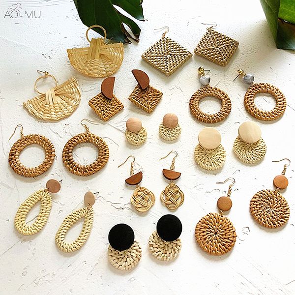 

aomu 2018 new korea handmade wooden straw weave rattan vine braid geometric big circle square long drop earrings for women girl, Silver