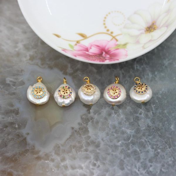 

5pcs,multi colors natural white pearl flower shape pendant,flat round freshwater paved cz pearl connector jewelry wholesale, Bronze;silver