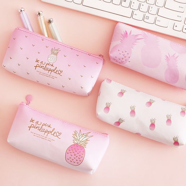 

small fresh pink pineapple pu cosmetic bag student pencil bag girls lolita pen storage organizer kids school pencil case